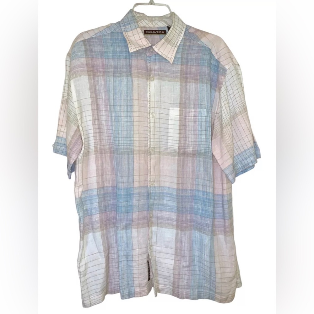 Cubavera Men’s Linen Shirt Striped Short Sleeve Beige Blue Relaxed Fit sz Large